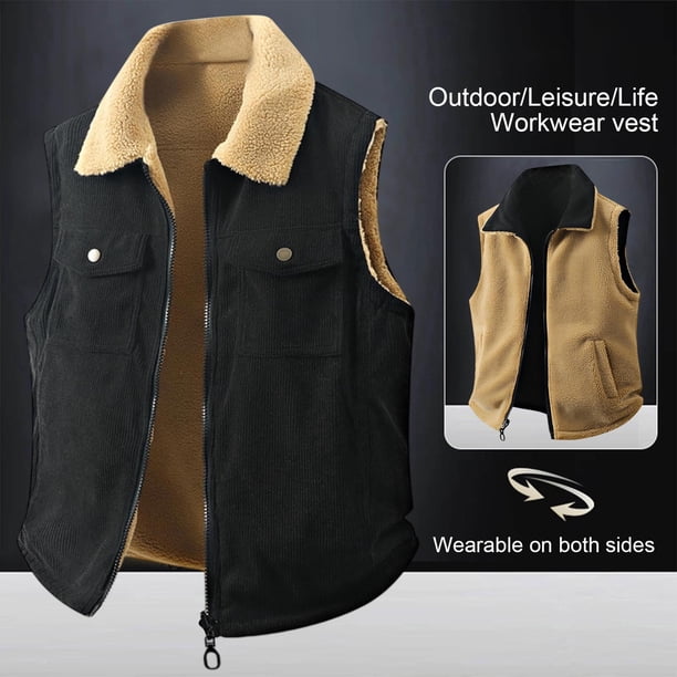 Ceisia Warm Reversible Men's Loose Fit Turn-Down Collar Corduroy Lamb Fleece Vest Gift