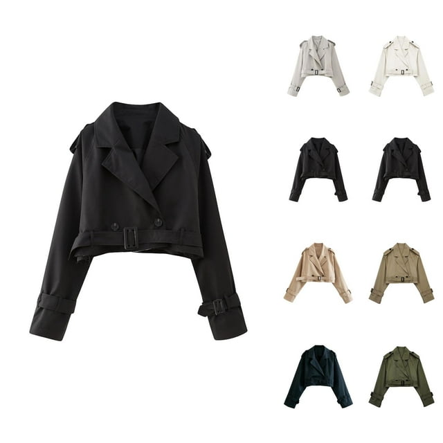 Veste de Vélo Courte pour Femmes à Manches Longues, à Double Boutonnage, Trench à Revers Cranté avec Ceinture, Vêtement d'Extérieur