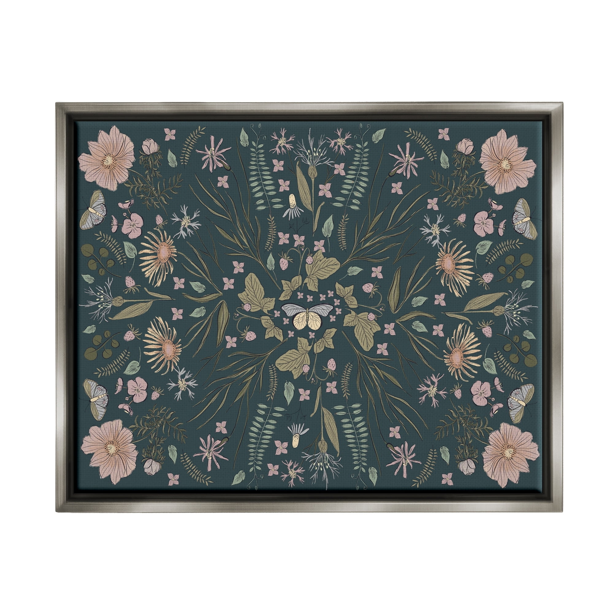 Stupell Industries Varied Floral Botanical Pattern Butterfly Insect Motif Graphic Art Luster Gray Floating Framed Canvas Print Wall Art, Design by Birgit Maria Kiennast
