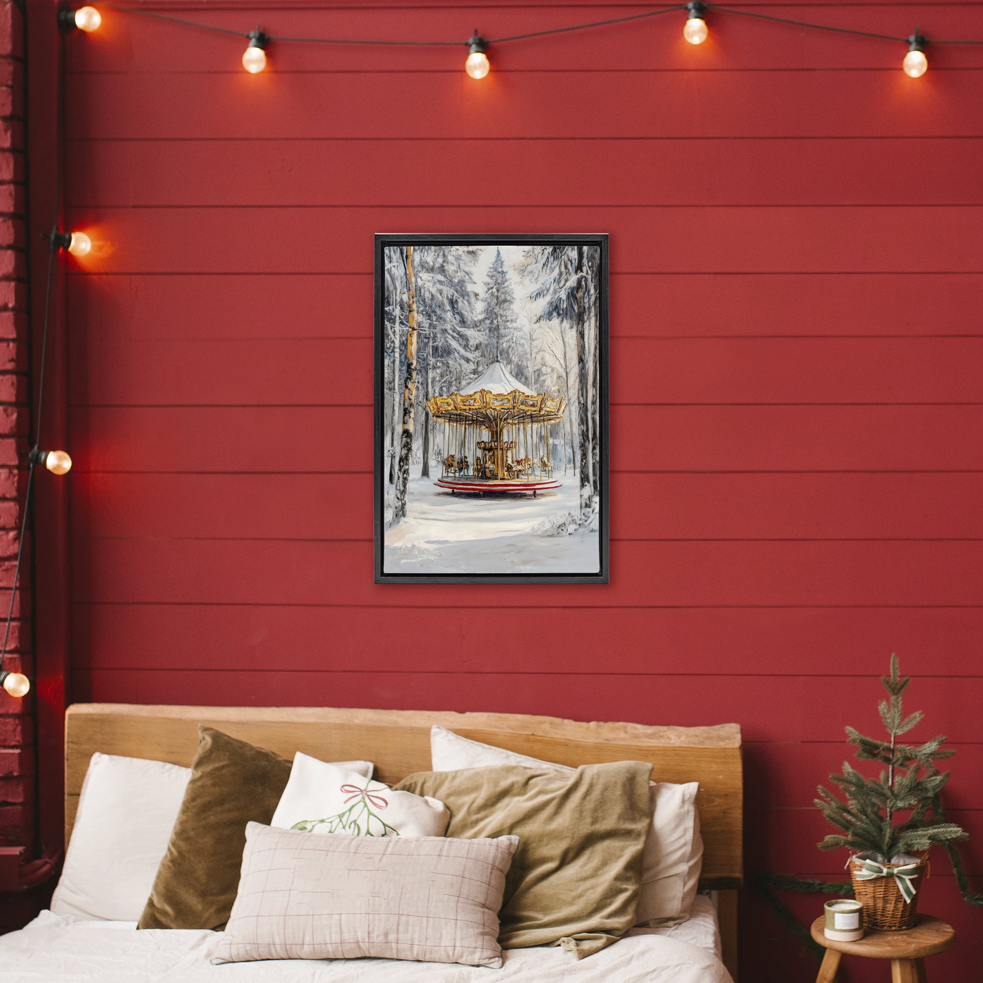 Winter Wonderland Carousel Black Framed Floater Canvas Wall Art, design by Petal Prints Design
