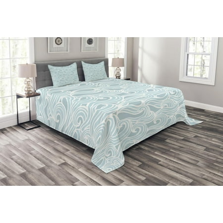 Antique Bedsteads Aqua Bedspread Set, Abstract Ikat Frame Antique Victorian Style Floral Leaves Details Art Print, Decorative Quilted Coverlet Set with Pillow Shams Included, Seafoam and White, by Ambesonne ()