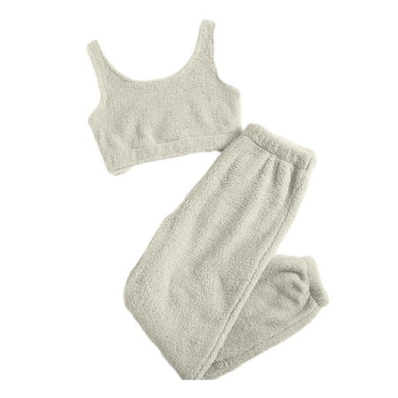 

Women s Fuzzy Fleece 2 Piece Outfits Warm Plush Soft Sleeveless Crop Top and Pants Set Cozy Pajamas Loungewear Ladies Clothes