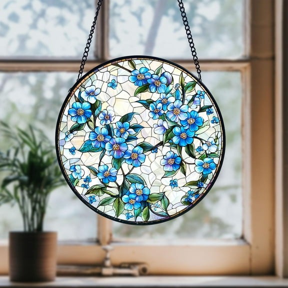 Forget-Me-Not Stained Glass Suncatcher Spring Floral Window Decor, Handmade Blue Wildflower Sun Catcher for Grandma