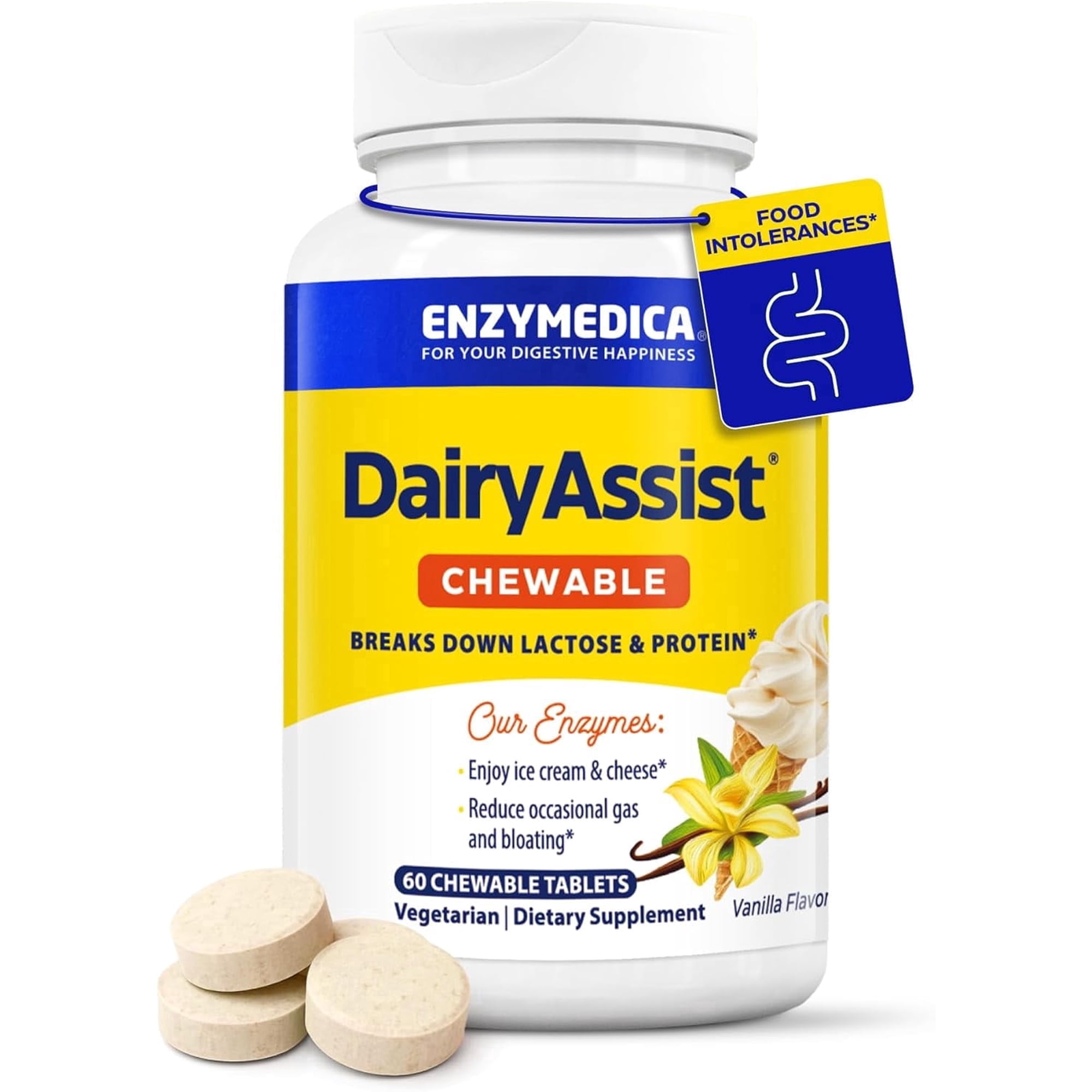 Enzymedica DairyAssist Chewable, Digestive Enzymes for Men & Women - Lactose Intolerance Support Supplement with Lactase, Helps Reduce Gas & Bloating, Gluten Free - 60 Tablets