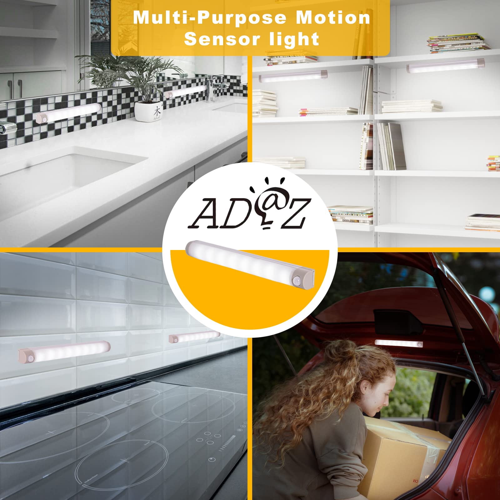 ADAZ Wireless Strip Rechargeable Motion Sensor Under Cabinet Lights for Kitchen Closet 4 Pack 7.3 In