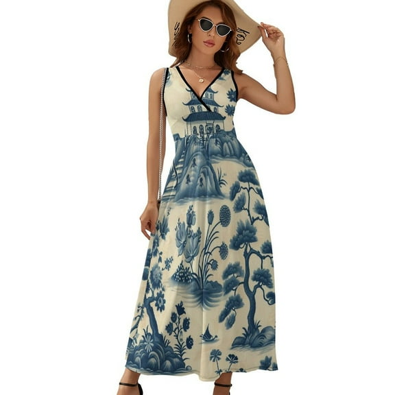 Vintage Blue Chinoiserie Toile Boat Dress Summer Street Style Bohemia Long Dresses Female Sleeveless Printed Maxi Dress