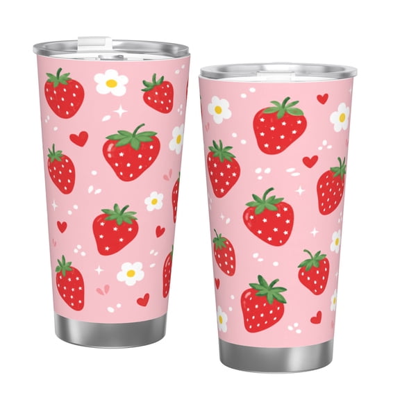 20oz Cute Strawberry Floral Tumbler with Handle Stainless Steel Insulated Travel Coffee Cup Gift with Single Silver Rim