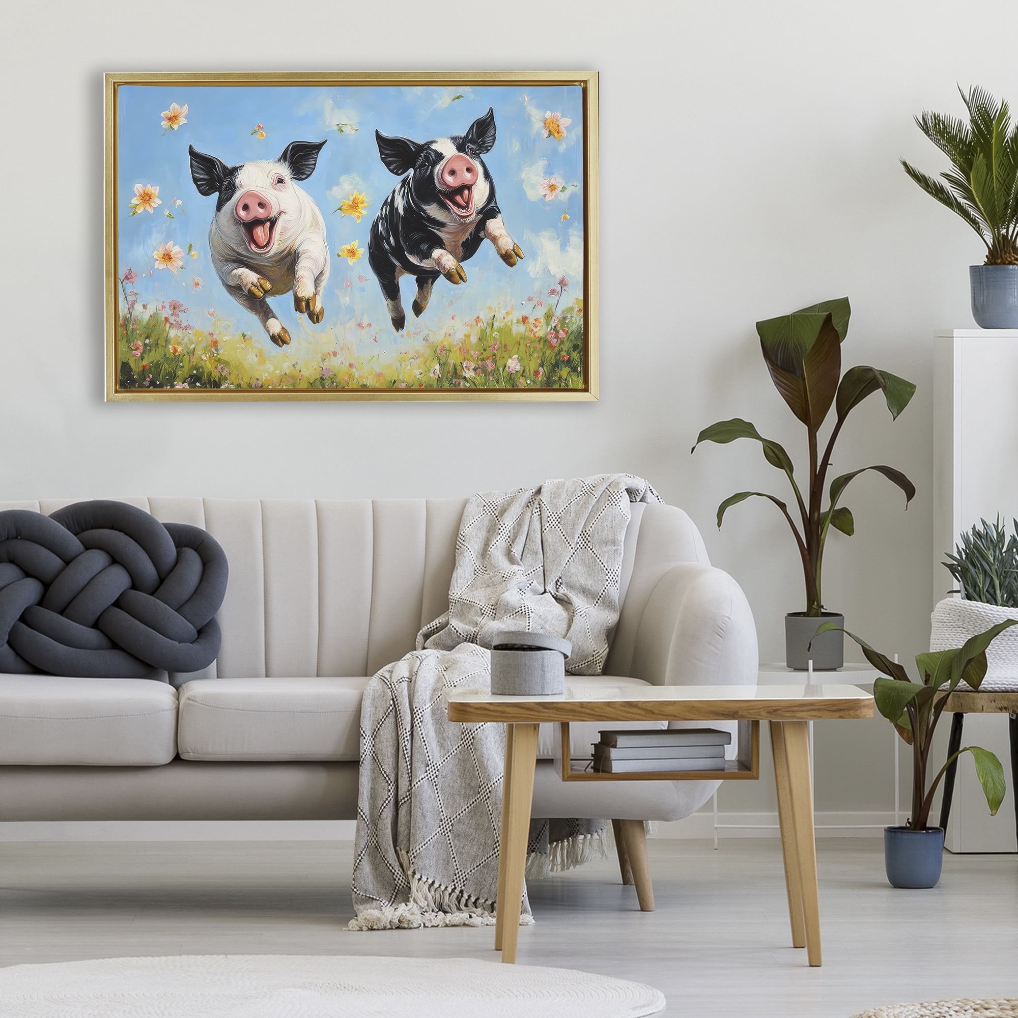 Stupell Industries Flying Pigs & Flowers Gold Framed Floater Canvas Wall Art, design by The Wands Want