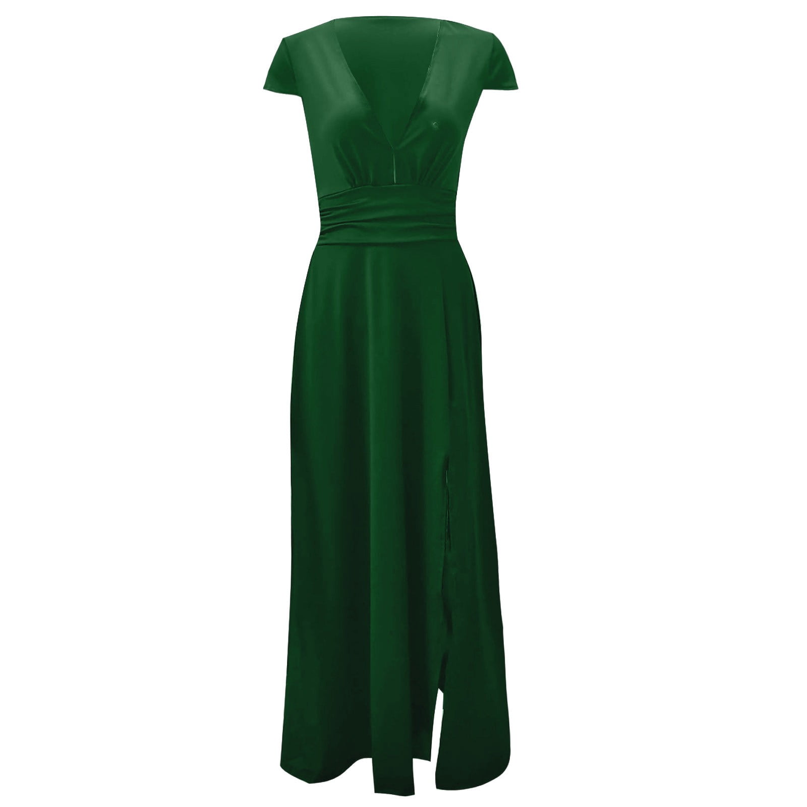 Hvot&aat Women Cap Sleeve V-Neck Wedding Bridesmaid Dress Ruched High Waisted Sexy High Slit Long Evening Prom Maxi Dresses