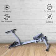 Iron Bar Fitness Foldable Rowing Machine: Ideal for Home Cardio Exercises, featuring a 12-Level Adjustable Hydraulic Resistance System. Comes with a Digital Monitor and a Cushioned Comfort Seat