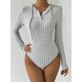 thumbnail image 4 of Ribbed Drawstring Hooded Bodysuit Long Sleeve Tight Fit Bodysuit Spring Fall Women's, 4 of 9