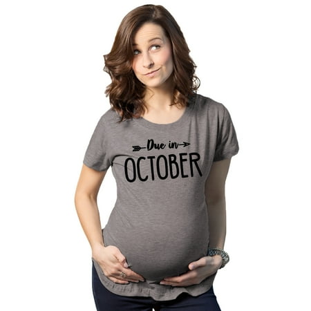 

Maternity Due In October Funny T shirts Pregnant Shirts Announce Pregnancy Month Shirt (Dark Heather Grey) - XXL
