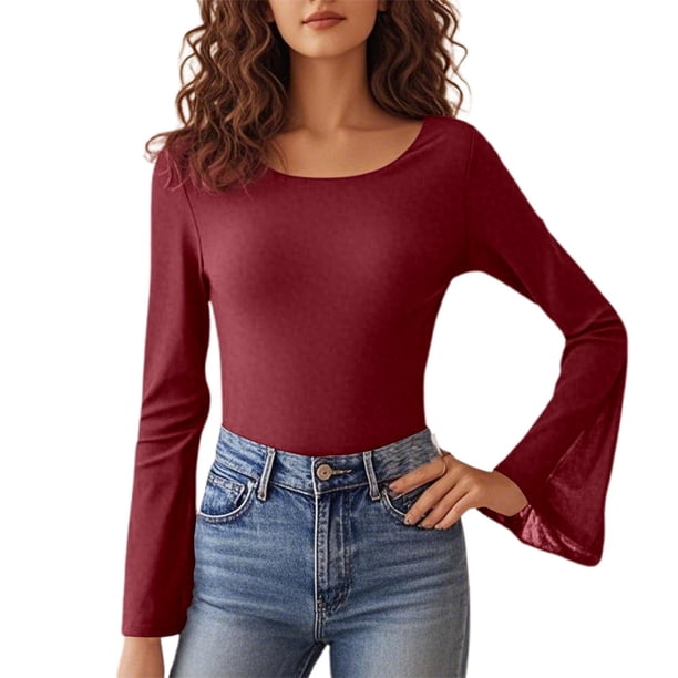 Blusa sexy de mujer con cuello barco y mangas de encaje - Top ajustado transparente - Poliéster - Elegante para salir por la noche - Combínalo con vaqueros - Tallas S-XXL