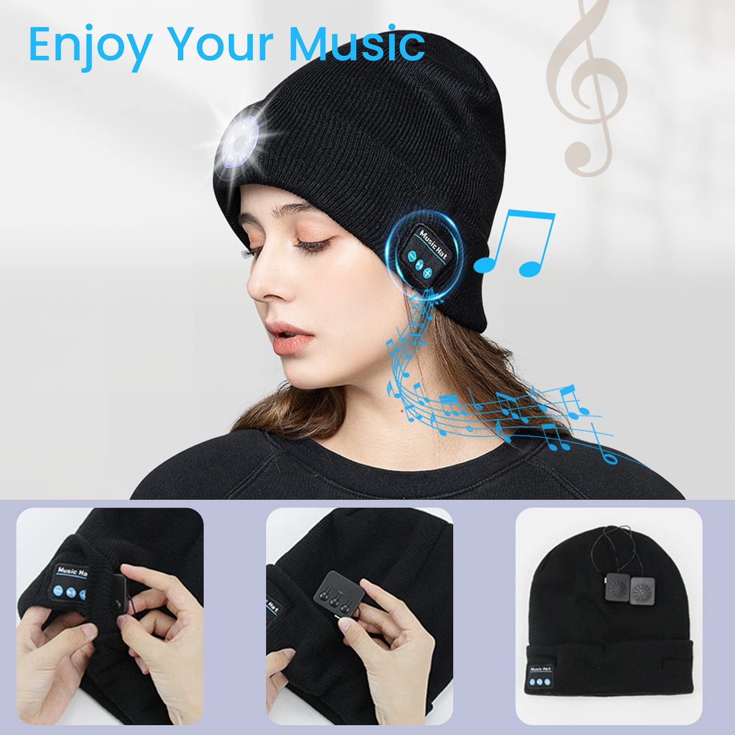 HESHENG Bluetooth Beanie Hat with LED Headlight Lighted Beanie Cap  Rechargeable with Wireless Bluetooth Winter Warm Knit Hat, Black 