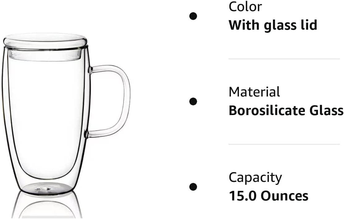 brimley Clear 16oz Double Walled Glass Coffee Mugs 2 Pack - Insulated Mug  for Hot & Cold Beverages -…See more brimley Clear 16oz Double Walled Glass