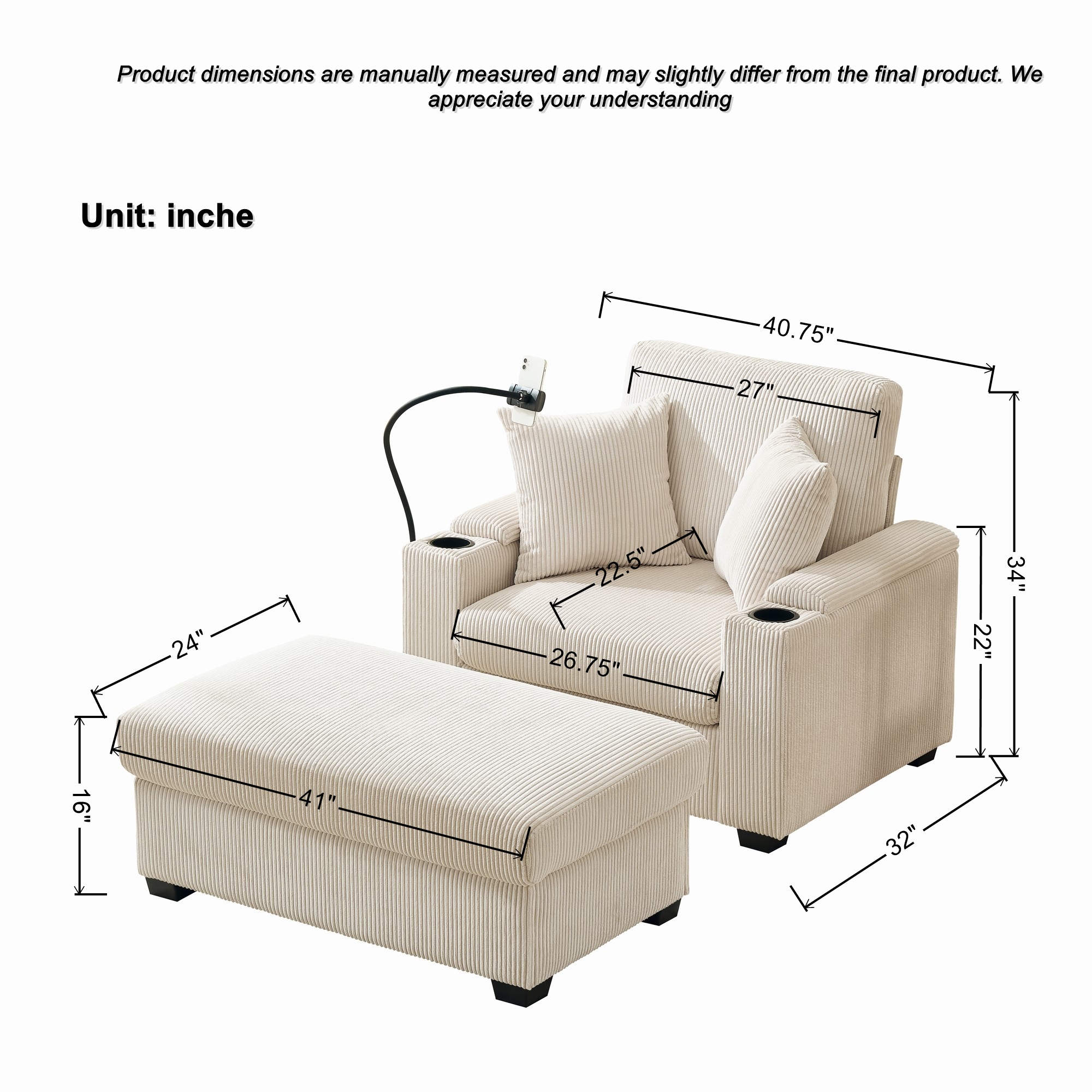 Euroco 55" Oversized Chaise Lounge Chair Indoor with Ottoman and Storage, Comfy Corduroy Sleeper Chair with Cup Holder,Mobile Phone Stand&USB Charging Port