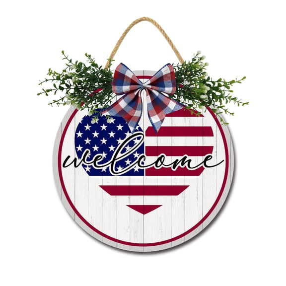 Eveokoki Welcome Independence Day Front Door Sign Funny Wreaths Hanging Wooden Plaque Decoration Round Rustic Wood Farmhouse Porch Decor for Home Front Door Decor, 11 x 11 Inch