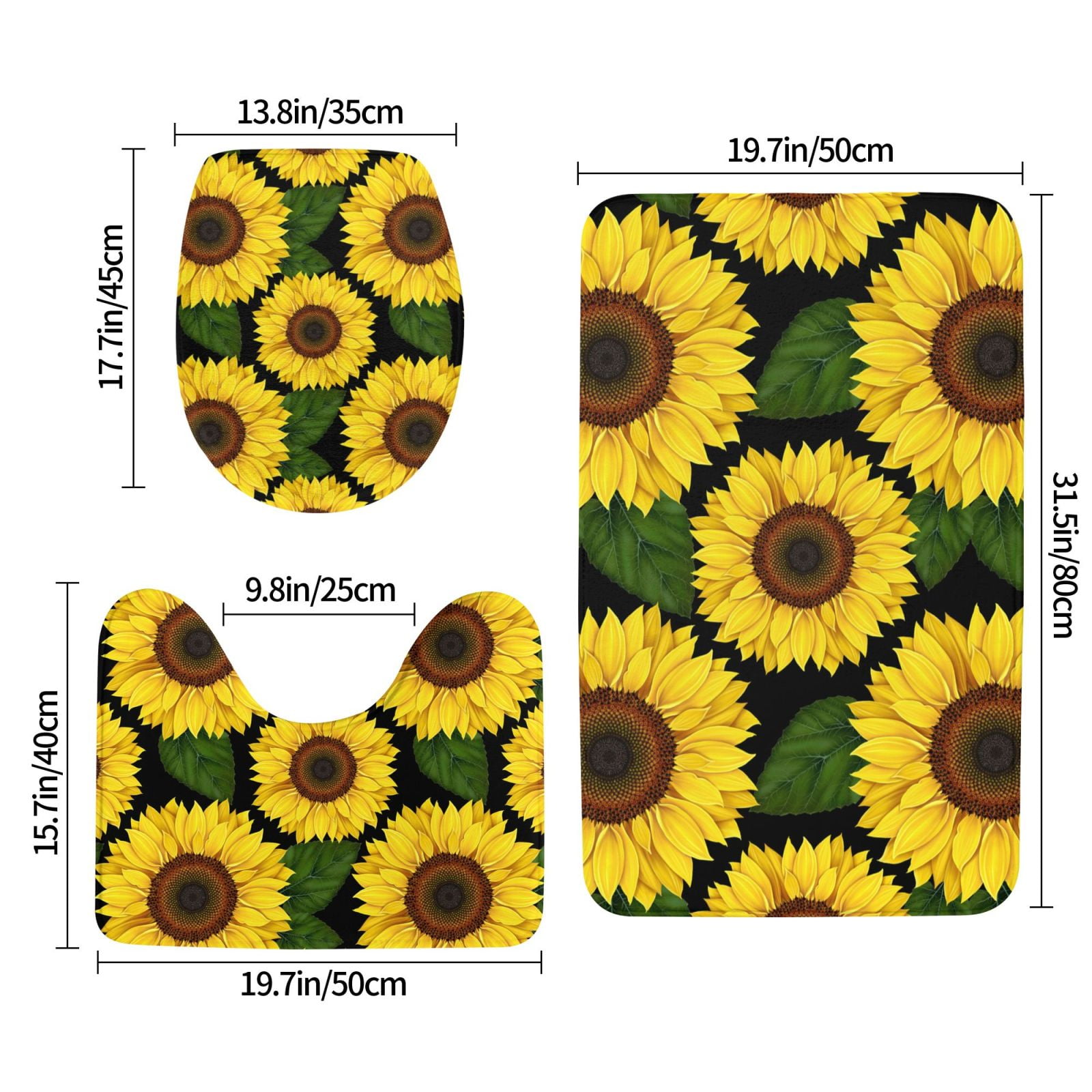 Bathroom Rugs Sets 3 Piece - yellow Sunflower Realistic Aesthetic Absorbent Non Slip Bath Mats, U-Shape Toilet Lid Cover, Contour Mat, Soft Washable Shower Mats Bath Rug Mat for Bathroom Tub Toilet