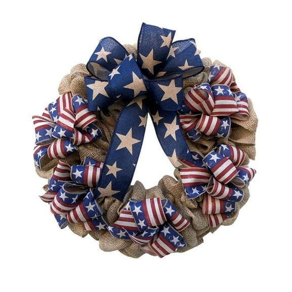 11.81in U.S.Independence Day Wreath for Front Door,American Flag Pattern Bow Ribbon Wreath,Blue and Red Hanging Round Wreath for Home Wall Door Holiday Window Garden Yard Decorations