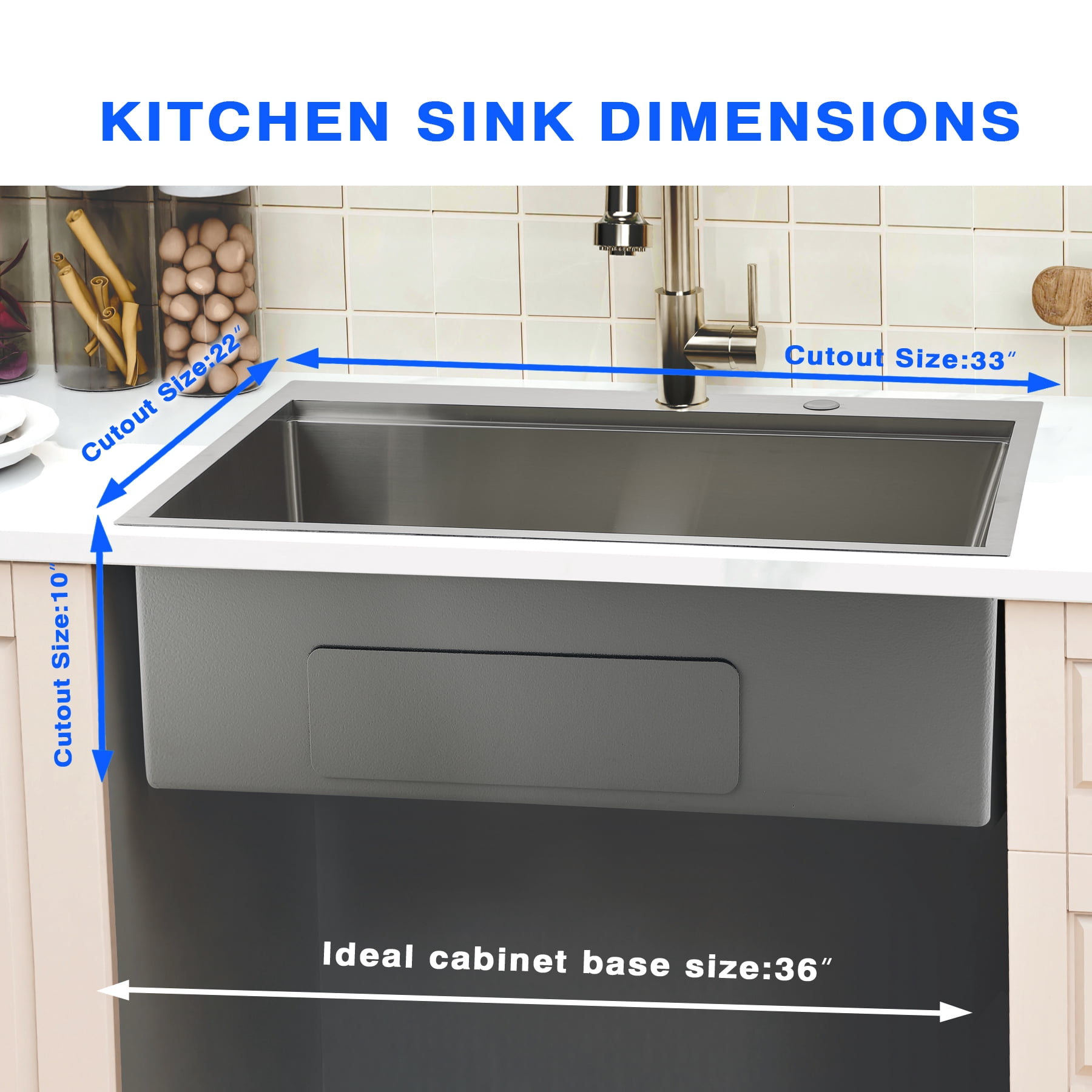 VsusKoos Kitchen 33" Top-Mount Sink, 304 Stainless Steel Deep Basin, 16-Gauge Thickened, Includes Cutting Board/Drain Rack/Colander