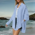 thumbnail image 3 of DuoJiaJ Womens Linen Button Down Shirts Casual Long Sleeve Loose Textured Collared Blouses Work Tops Blue M, 3 of 5