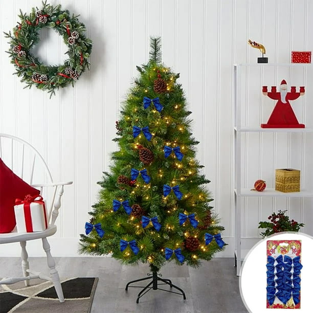 Lazos navideños para decorar el árbol | Paquete de 12 lazos navideños preatados en dorado, plateado, rojo, azul, rosa y negro | Adornos de plástico para regalos y fiestas