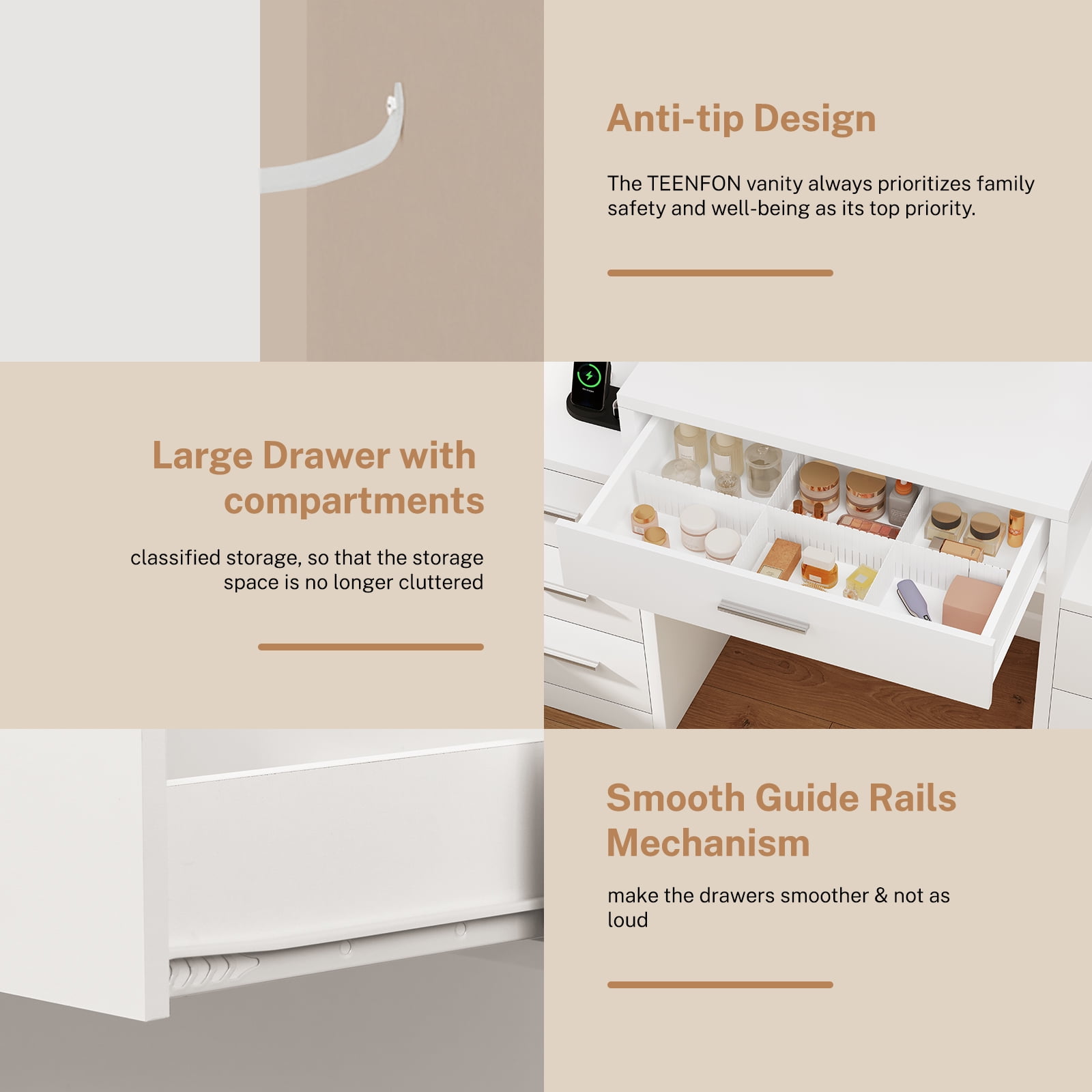 TEENFON 47.2”Vanity Set with Mirror & Lights, Makeup Vanity Desk with 7 Drawers and 8 storage shelves, Vanity Table with Power Outlet, For Bedroom, White