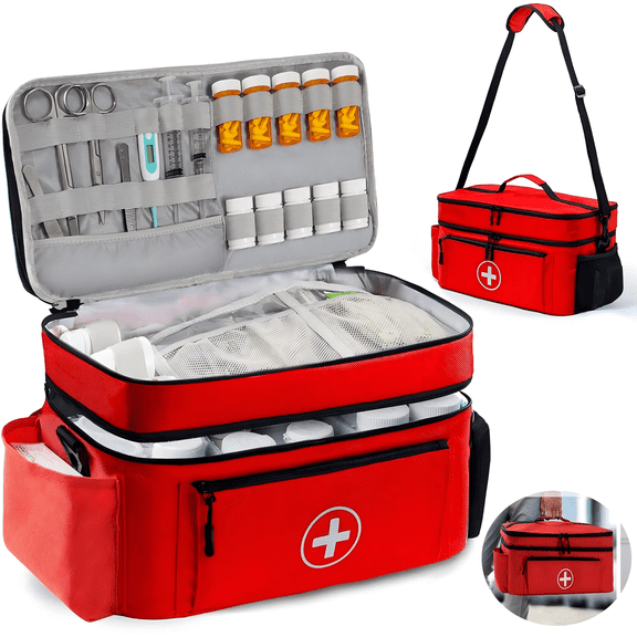 YUOFD Dual-Layer Medicine Organizer Bag with Adjustable Divider - Large Portable Pill bottle Storage & Travel First Aid Kit Bags Empty for Home Emergency Supplies