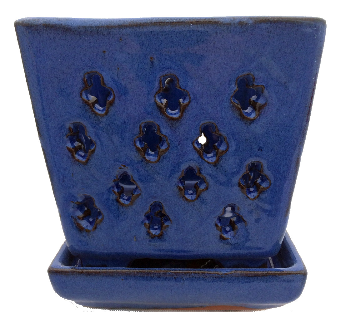 Square Ceramic Orchid Pot/Saucer + Felt Feet 5 1/8" x 5 1/4" Blue