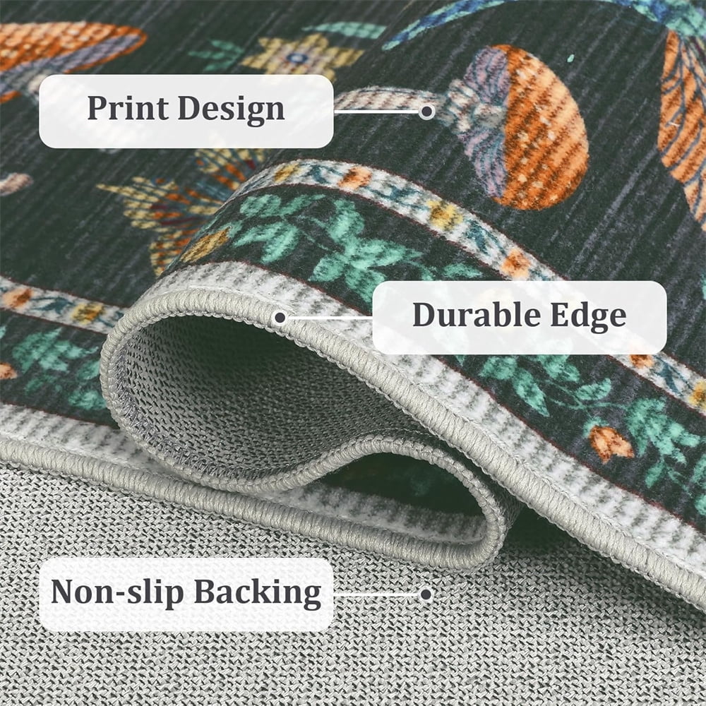 Washable Runner Rug Modern Insect Floral Print Area Rug Mushroom Carpet for Kitchen Stain Resistant Carpet with Non-Slip Backing Low Pile Floor Cover for Hallway Laundry Bedroom