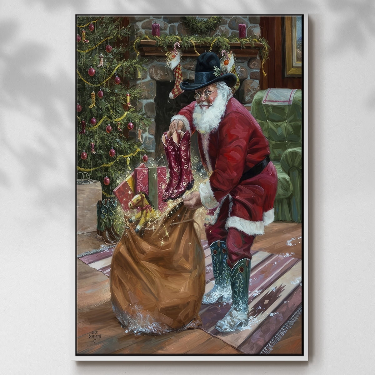 New Boots for Christmas - Framed Gallery Wrapped Holiday Canvas - 27 x 41 - White Frame