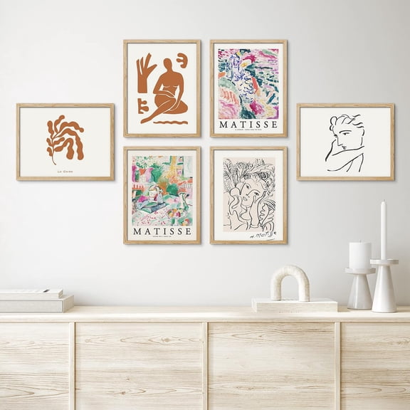 PixonSign Framed Canvas Print Wall Art Set - Colorful Flower Garden Bouquet Matisse & Humanities Pattern - Set of 6 Abstract Geometric Illustrations Cultural Art Wall Décor - 8"x10"x6 Natural