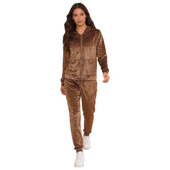 Haitryli Women's Zipper Hooded Velvet Tracksuit Long Sleeve Streetwear Jacket with Drawstring Jogger Pants Brown XXL
