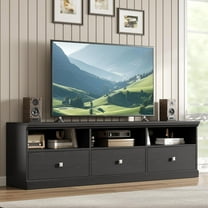 TV Stand for 75 in TV, Mid-Century Modern Entertainment Center with Storage Drawer, TV Console with Open Shelves, Wood Media Console TV Cabinet for Living Room, Black