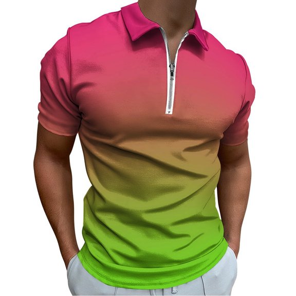 Pink Green Gradient Men Zipper T-shirt Summer Casual Short Sleeve T-shirt Top
