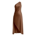 thumbnail image 4 of EliteGoogv Womens One Shoulder Dresses Asymmetrical Pleated Slit Satin Dresses For Women Slim Fit Side Slit Summer Dresses Evening Wedding Guest Dresses Brown, 4 of 5