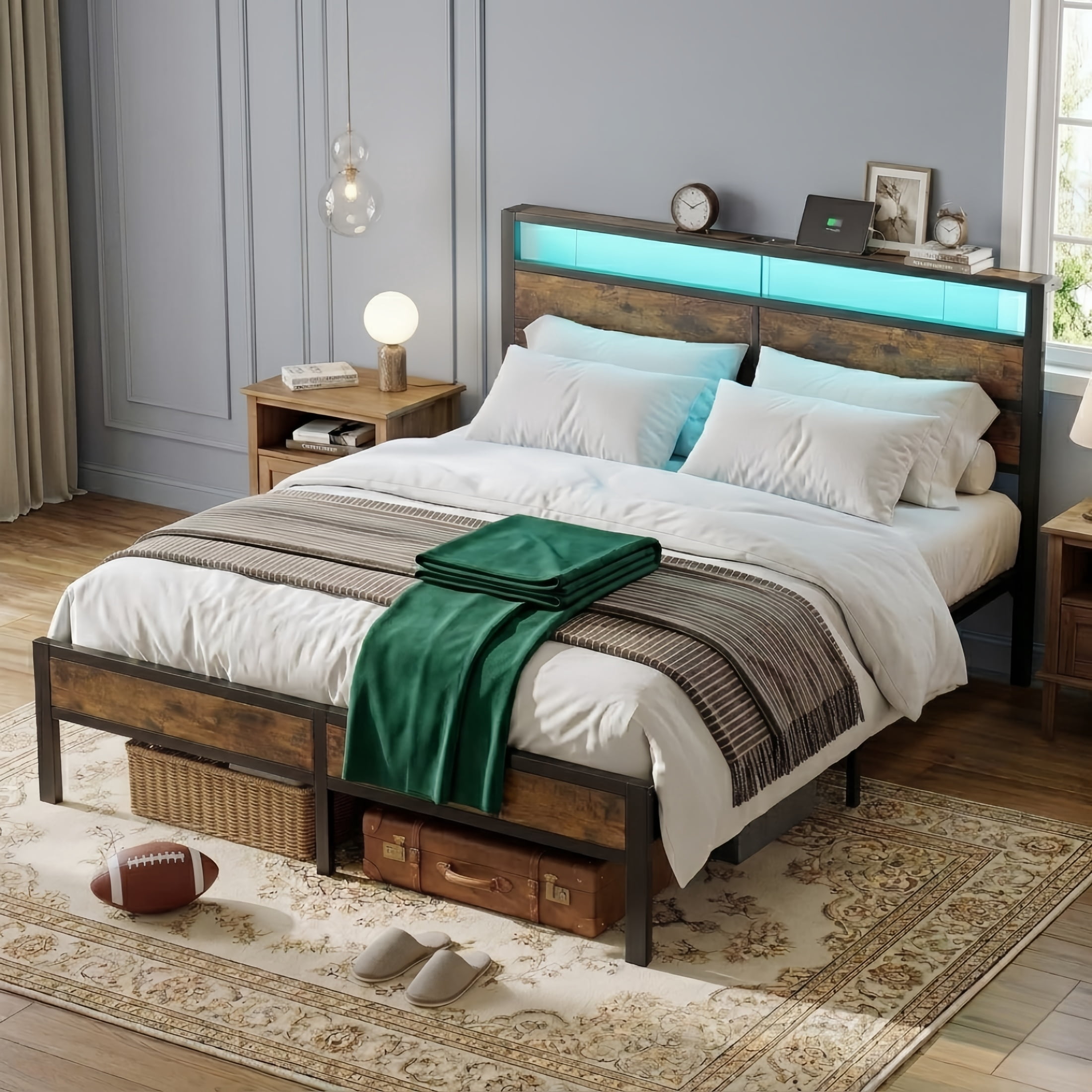 Kbun King Size Bed Frame with Headboard, LED Lights & Charging Station, No Box Spring Needed, Noise-Free, Easy Assembly