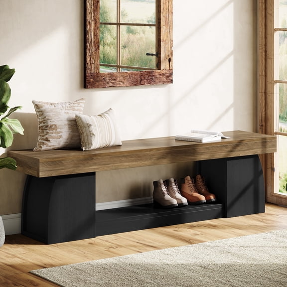 Finmind 63" Entryway Bench with Storage, 2-Tier Narrow Long Wooden Bed Bench for Hallway, Bedroom, Brown & Black