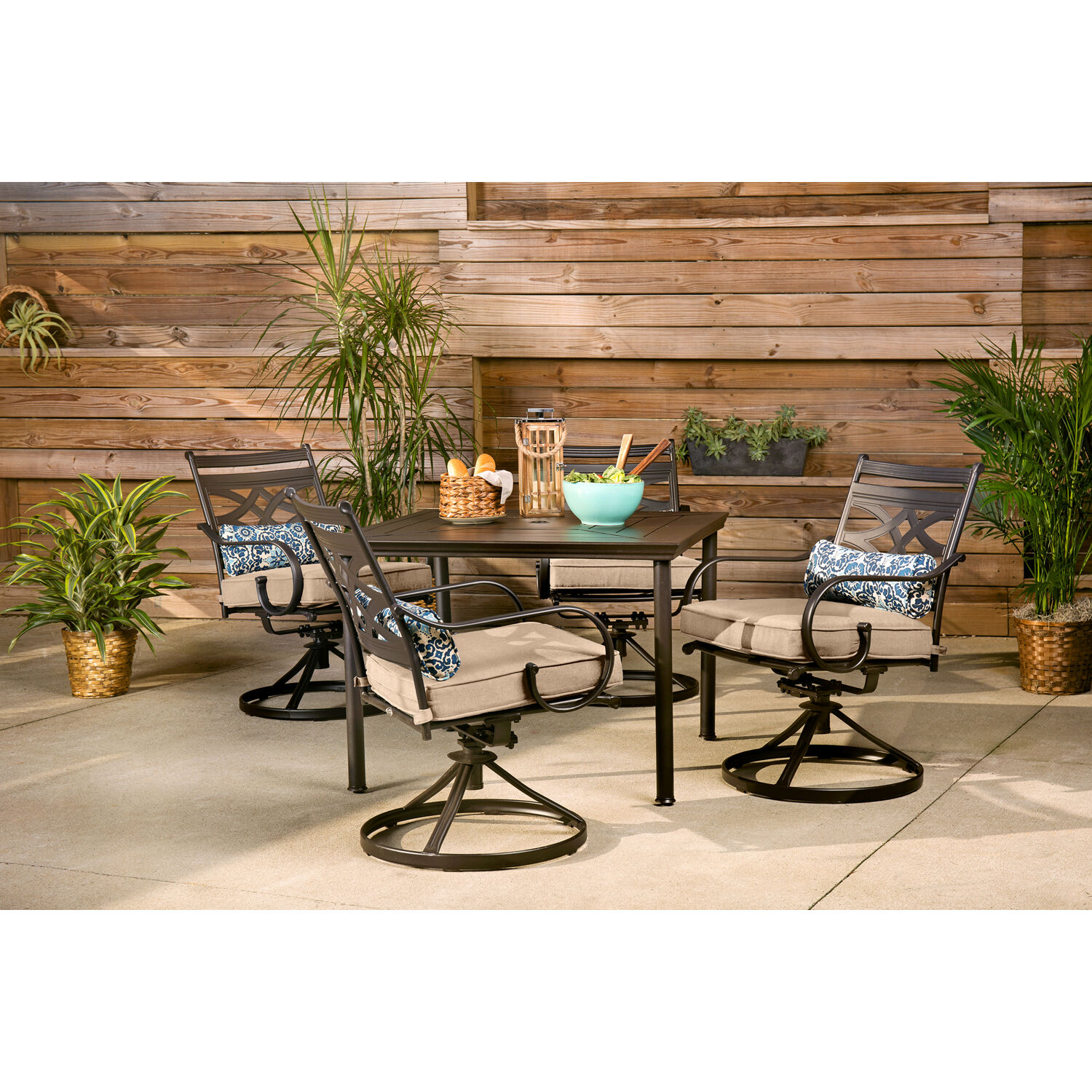 Hanover Montclair 5-Piece Steel Patio Dining Set in Tan with 4 Swivel Rockers and a Square Table - image 3 of 12