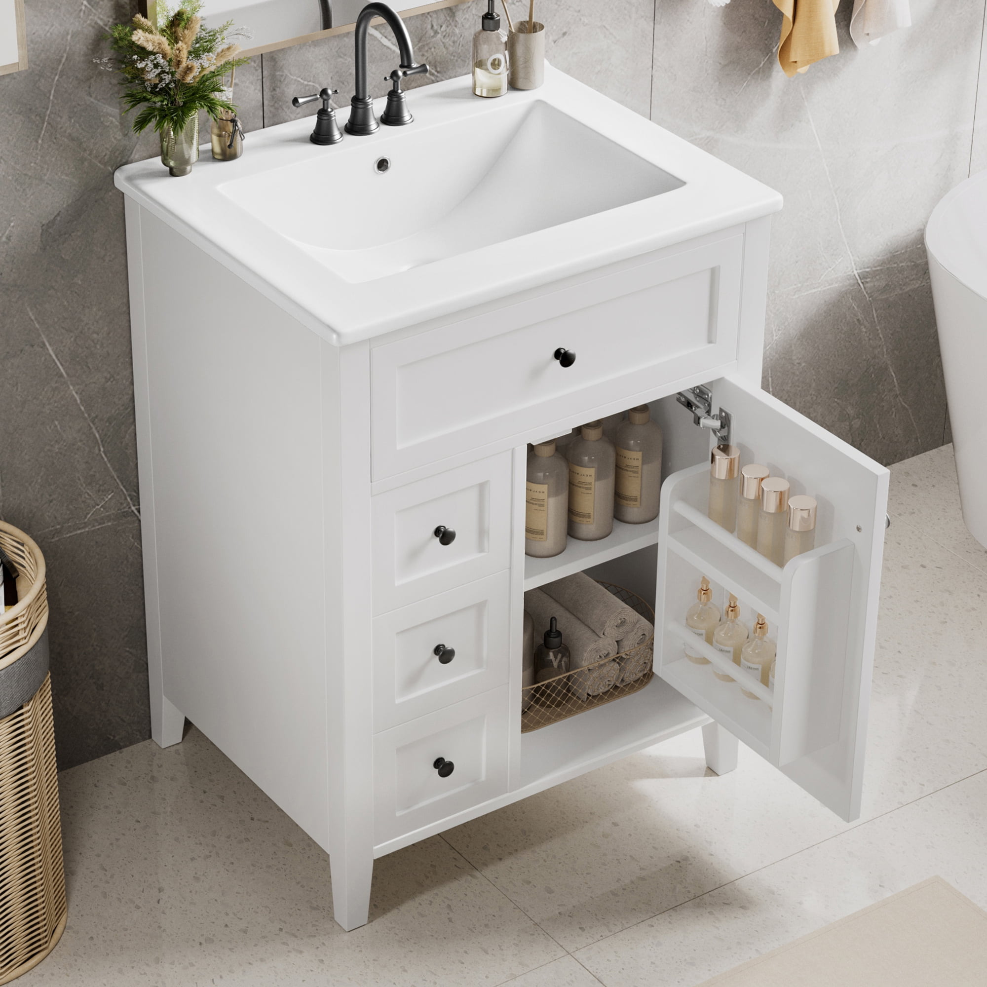 Euroco "24" White Bathroom Vanity with Sink, MDF & Rubberwood Construction, 3 Drawers & Cabinet with Adjustable Shelves, Modern Design for Small to Medium Bathrooms"