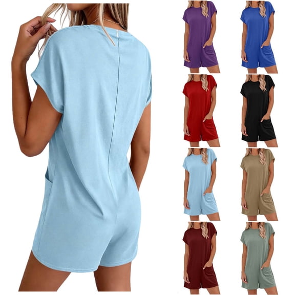 Women's Romper Short Sleeve Jumpsuit with Pockets Solid Wide Leg Shorts Playsuits Ladies Summer Loose Lightweight Plain Daily Wear for Swim Beach Party Jumpsuits Light Blue M