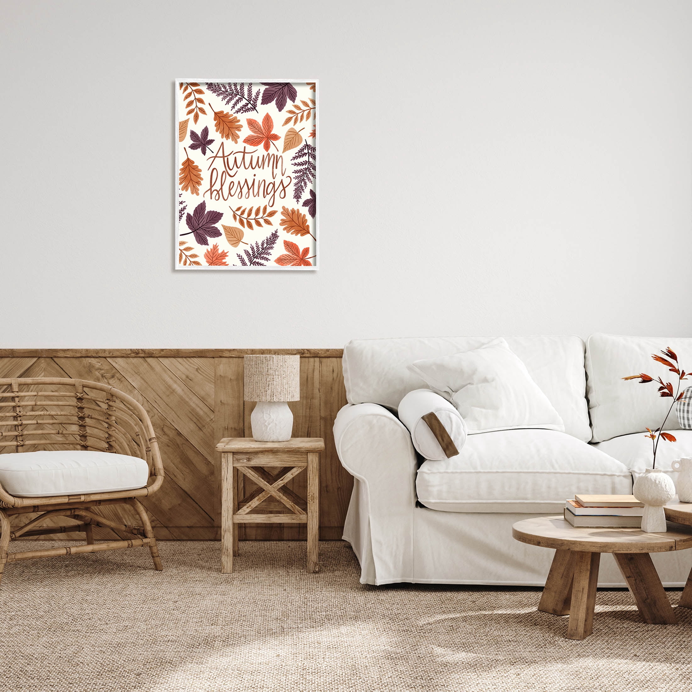 Autumn Blessings Fern Leaves Nature Holiday Graphic Art White Framed Art Print Wall Art