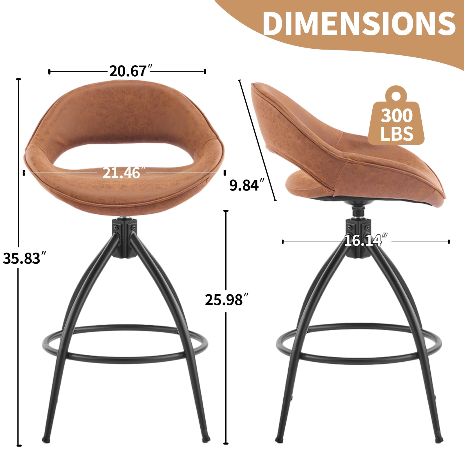 Zimtown Swivel Barstools Set of 2, 26'' Mid-Century Padded Counter Height Bar Chairs, Modern Upholstered Dining Chairs 2 PCS, Brown