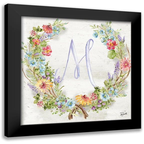 Tre Sorelle Studios 12x12 Black Modern Framed Museum Art Print Titled - Herb Blossom Wreath Monogram M