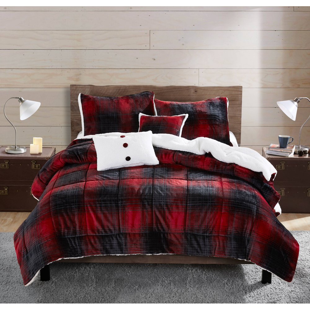 VCNY Home Luke Plush Sherpa Comforter Set, Full/Queen, Black/Red