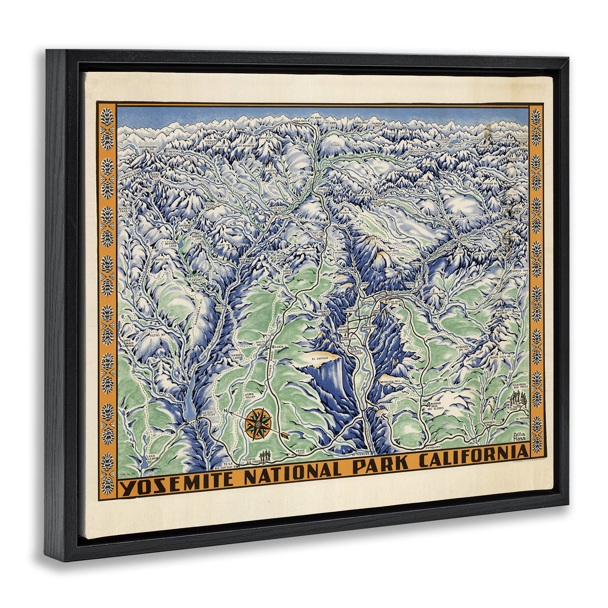 Stupell Industries Vintage Yosemite Map Town & City Painting Black Floater Framed Art Print Wall Art, 21 x 17