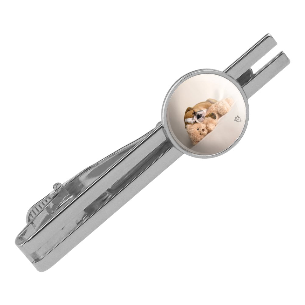 GRAPHICS & MORE British Bulldog Puppy Dog Asleep with Teddy Bear Round Tie Bar Clip Clasp Tack Silver Color Plated 