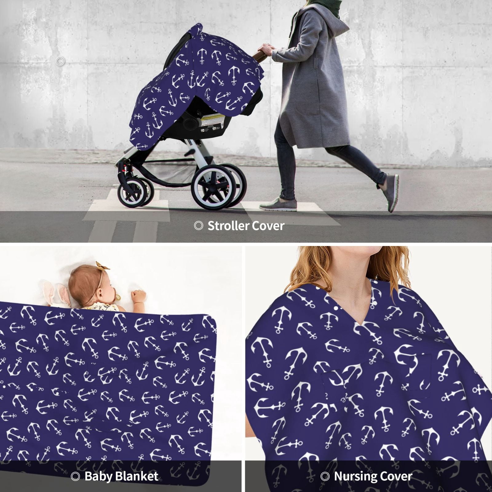 Car Seat Cover Baby - White anchor vintage navy blue Breathable Infant Car Seat Cover for Baby Carseat, Lightweight Comfort Baby Essentials Must Haves Newborn Stuff for Girl Boy