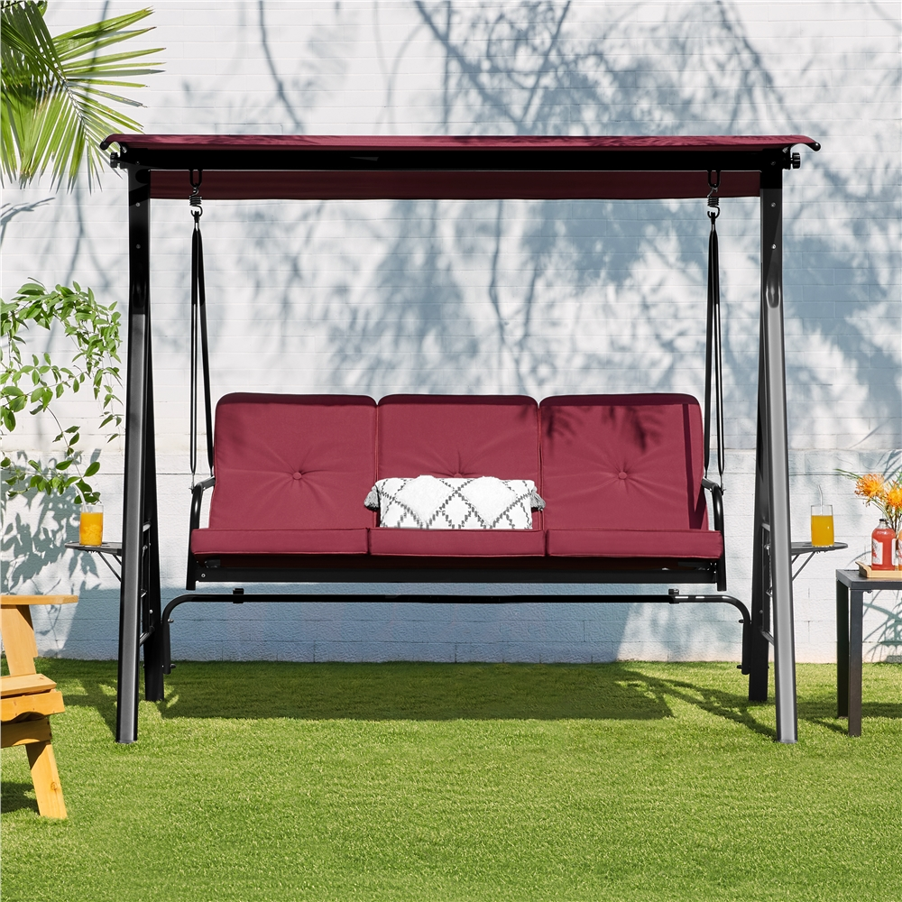 Alden Design 3-Seat Deluxe Swing Chair with Padded Seat Cotton-Padded Seat for Outdoor, Burgundy