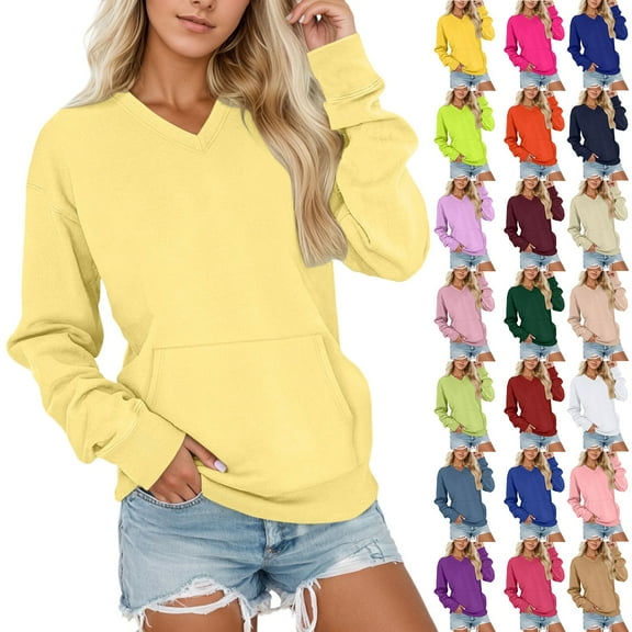 YUEHUA Womens V Neck Sweatshirt with Pocket No Hooded Long Sleeve Fleece Pullover Sweaters Fall Fashion Oversized Sweatshirt
